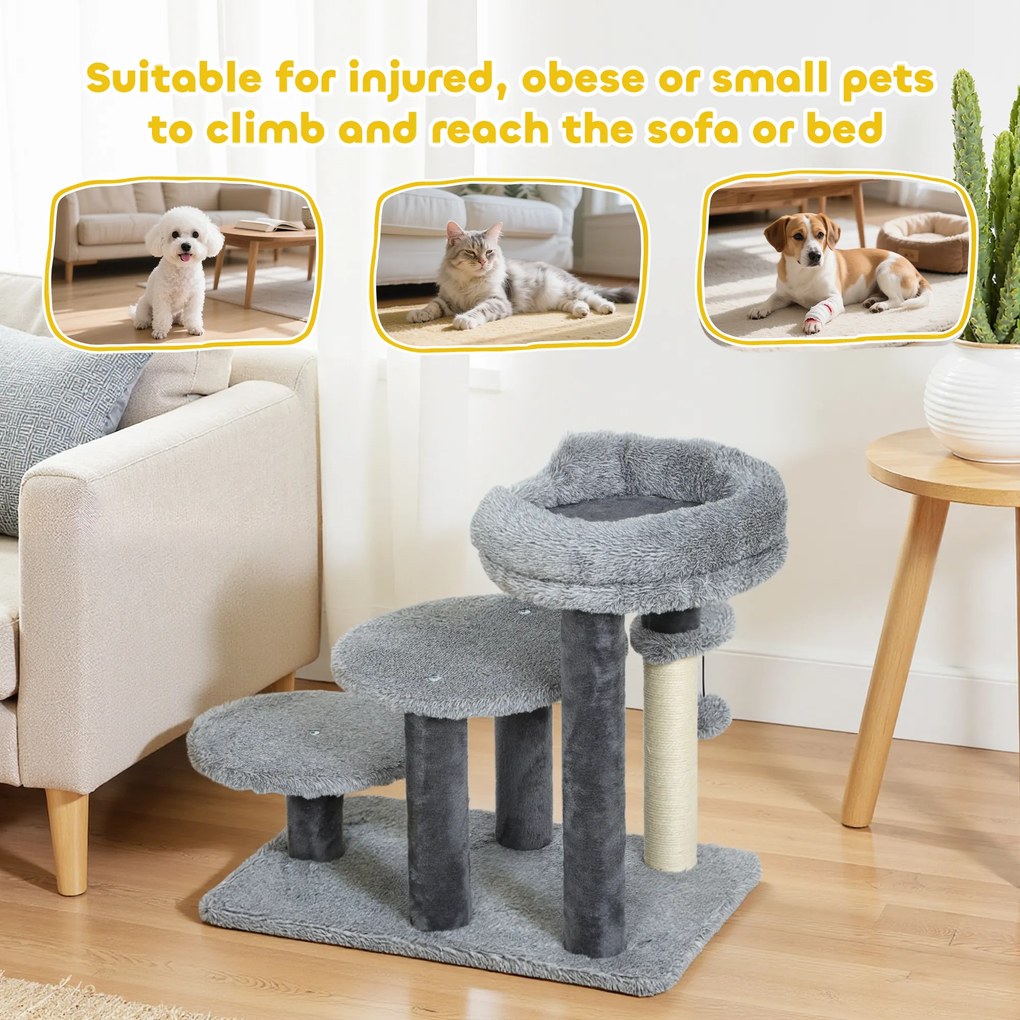 PawHut Drapak i schody dla kota, szeroka podstawa, materiał pluszowy, słupek do drapania z sizalu, szary
