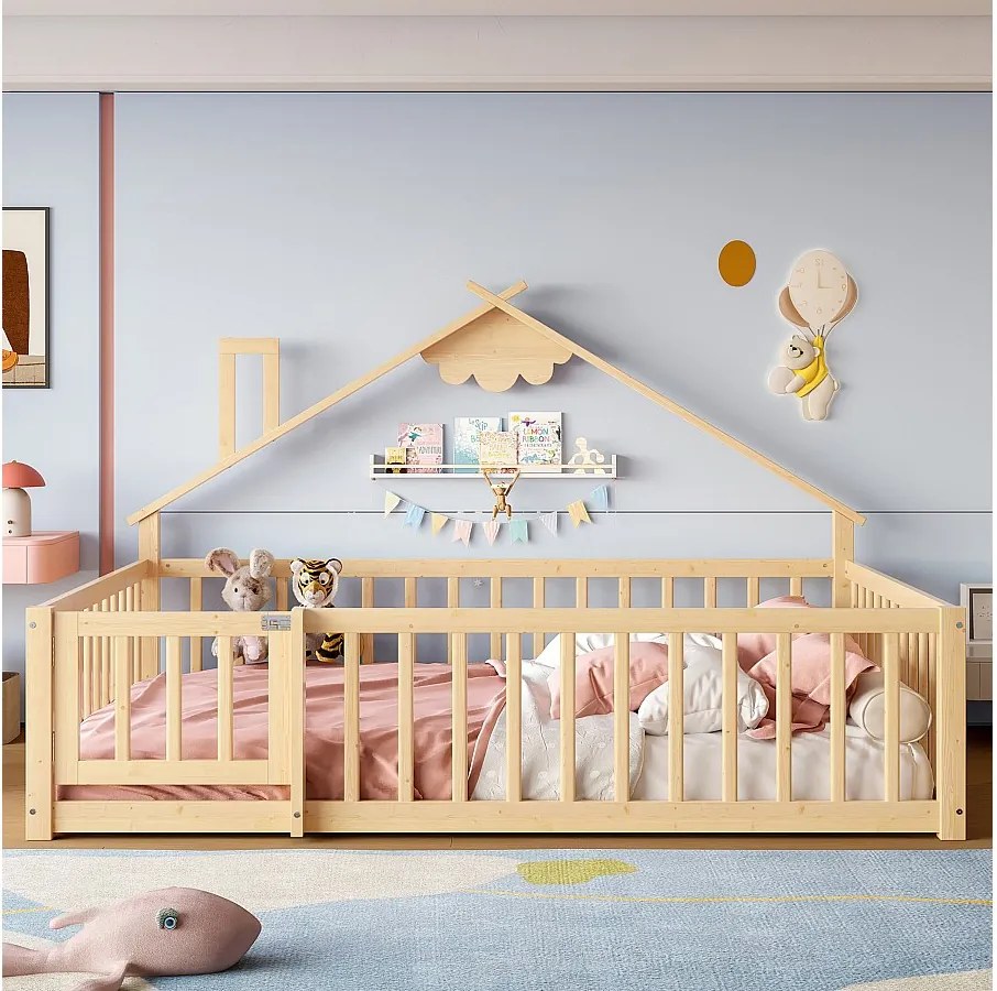 Łóżko dziecięce 140x190 cm Łóżko podwójne z barierkami i stelażem - sosna - naturalne (bez materaca)