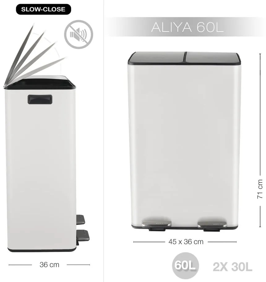 Stalowy kosz na śmieci 2x30 l do segregacji odpadów/z pedałem w matowym białym kolorze Aliya – Spirella