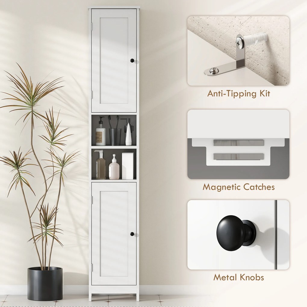 HOMCOM Wysoka smukła szafka łazienkowa z drzwiami, otwarte półki, 30 x 30 x 170 cm, Biały