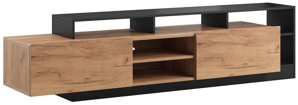 Szafka RTV 2-drzwiowa z 6 wnękami i oświetleniem LED - Naturalny jasny i Antracytowy - IDESIA