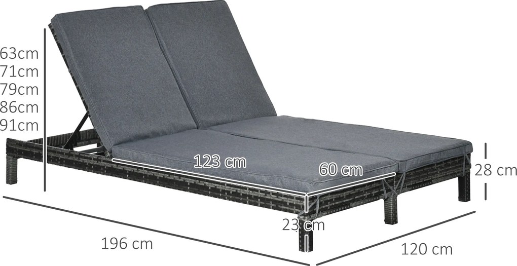 Leżak ogrodowy podwójny dla 2 osób regulacja oparcia 5 stopni metal rattan PE szary wygodny | Aosom PL