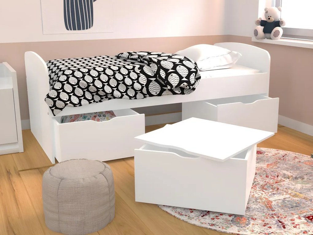 Łóżko LOUANE z 2 szufladami i 1  ze skrzynią - 90x190 c m - Kolor biały