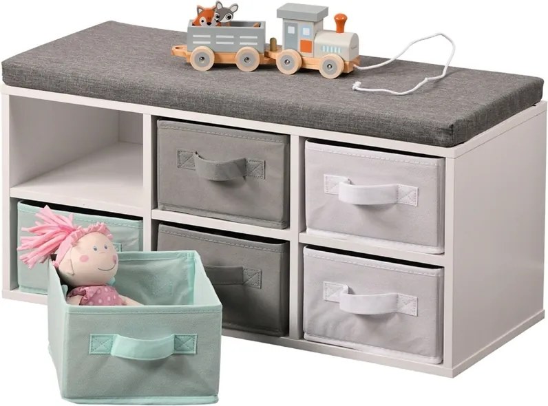 Kesper 17729 Ławka z 6 schowkami, biały/szary/miętowy, 38 x 68 x 29,5 cm