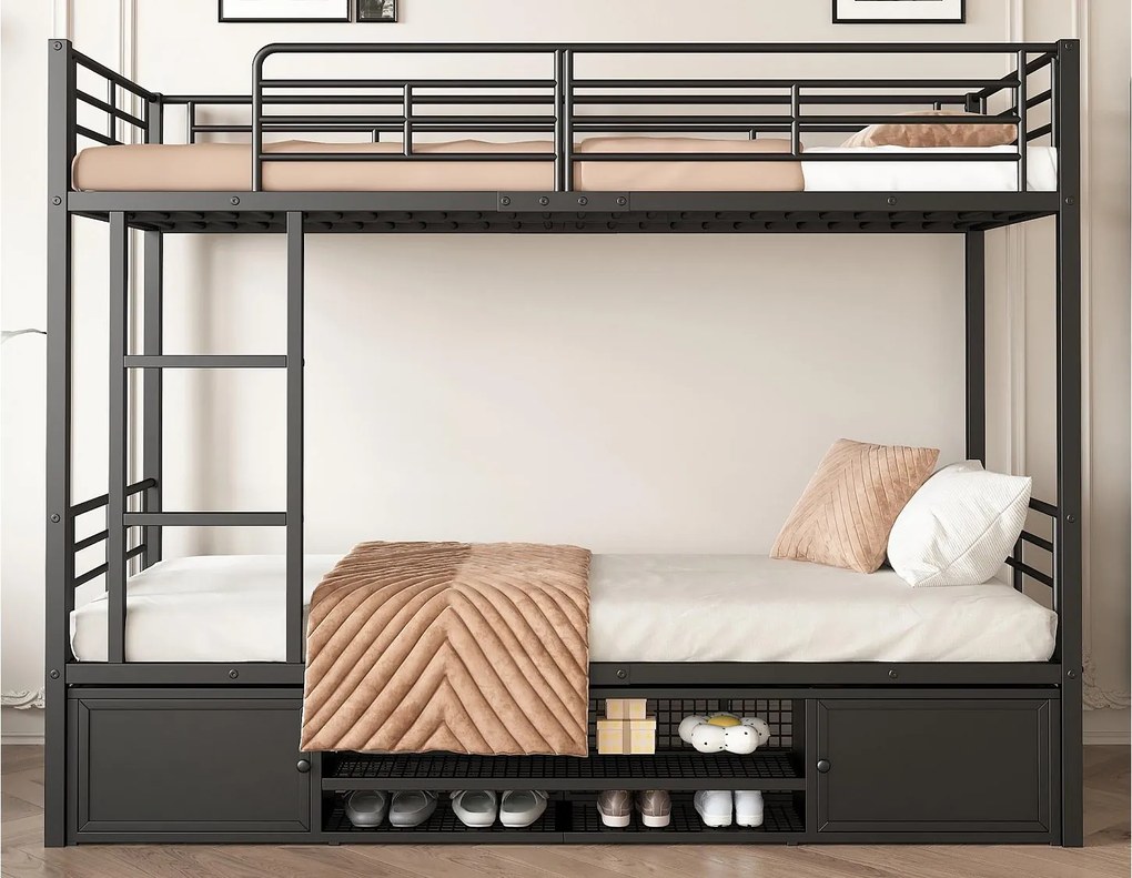 Żelazne łóżko piętrowe 90x200cm - z półką na buty i drabinką - Czarne