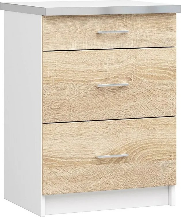 Szafka kuchenna AKORD LIMA S60 z blatem Biała 60 cm 3 szuflady kolor Dąb Sonoma mat 60x44,5x82 cm