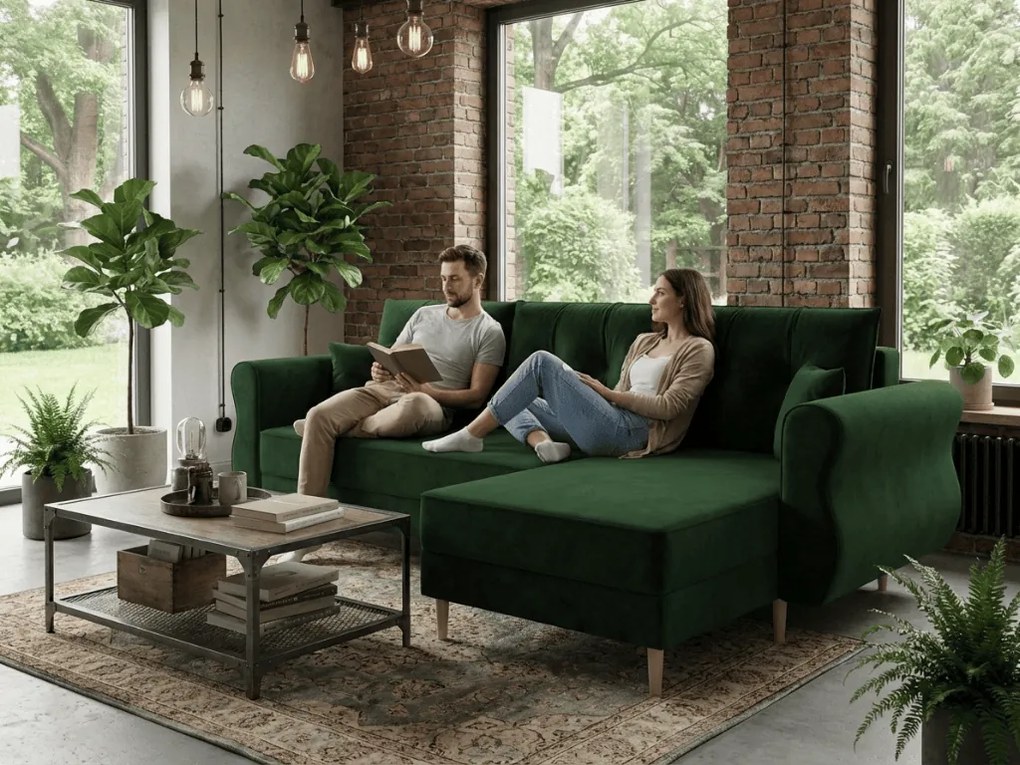 Rozkładana narożna sofa SILVIANO 230x140 cm, ciemnozielona, uniwersalna