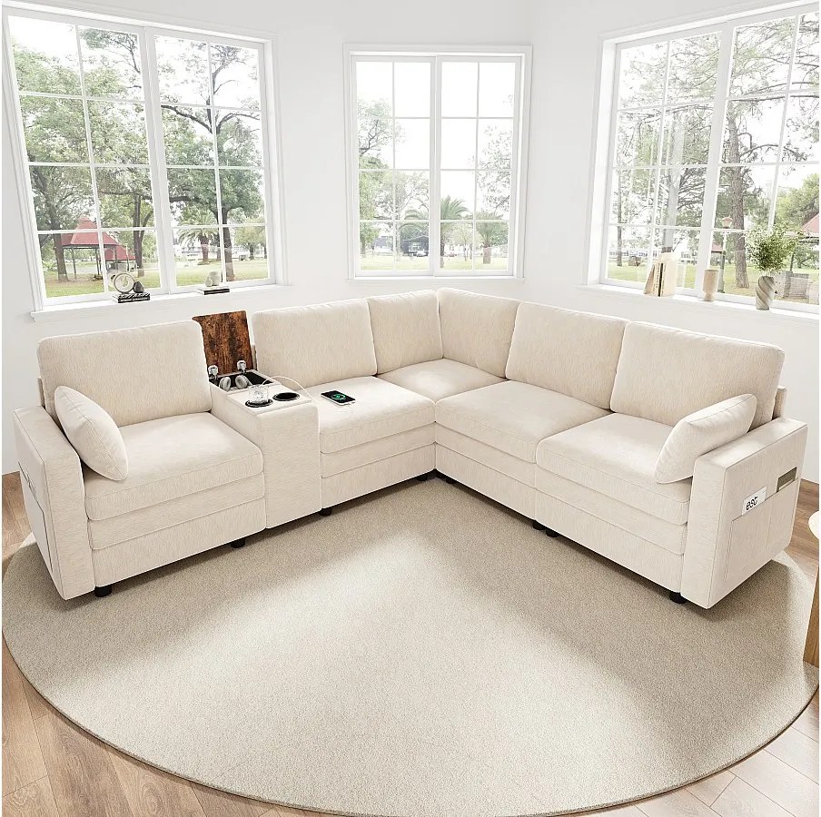 Narożnik modułowy 5-osobowy - 227 x 202 x 83 cm - z portem USB i schowkiem - do salonu i sypialni - wzór Chenille - beżowy