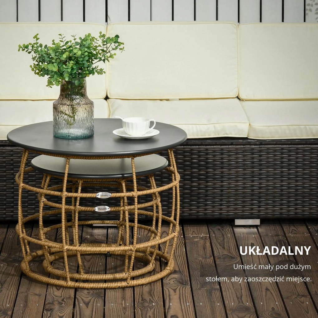 Outsunny Zestaw 2 Stolików Ogrodowych Boho Składane Odporność na Warunki Atmosferyczne Naturalny Ciemnoszary | Aosom PL