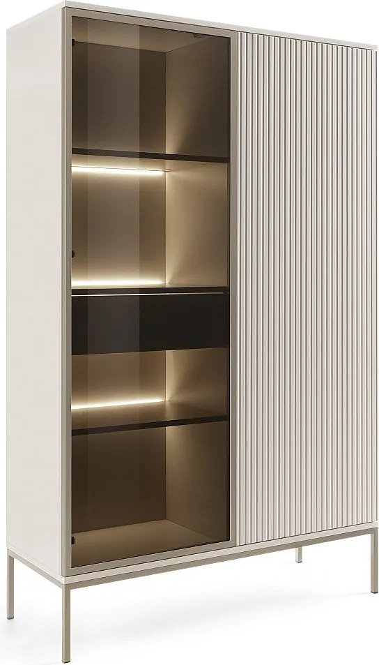 Witryna z szufladą Haller - w stylu loft, szklane drzwi, oświetlenie LED - witryna 100 cm do salonu z lamelami, kaszmir