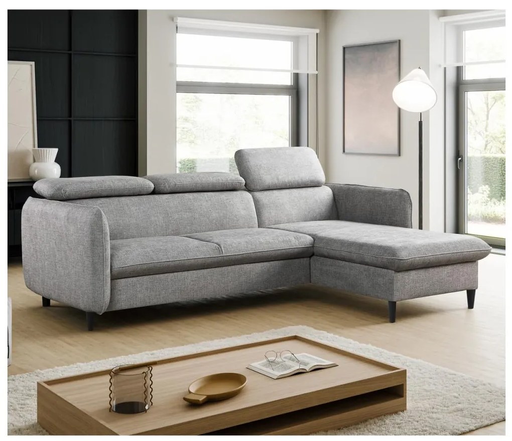 Narożna rozkładana sofa w kształcie L NISA, szara, prawostronna, z pojemnikiem na pościel