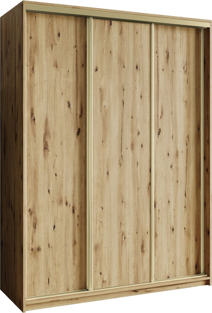 Szafa Przesuwna NISSE 150 cm Szafa Trzydrzwiowa z Szufladami Dąb Artisan / Złote Profile