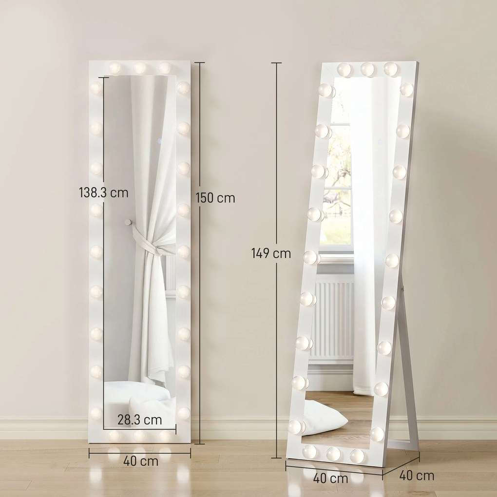 HOMCOM Lustro całopostaci 150x40 cm Lustro LED z 24 żarówkami 3 barwy światła, wolnostojące, do oparcia lub montażu na ścianie Biały | Aosom PL