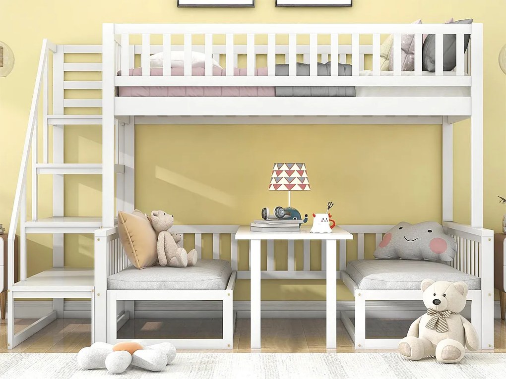 Łóżko piętrowe 90 x 200 cm + 120 x 200 cm ze schodkami i regulowanym stolikiem kawowym, Funkcja sofy, Stelaż sosnowy, Kolor biały
