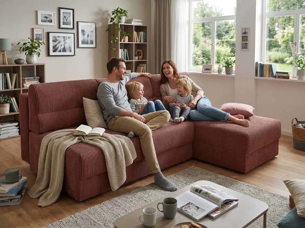 Rozkładana narożna sofa TAVERO SLIM 201x140 cm, ciemnoróżowa, uniwersalna