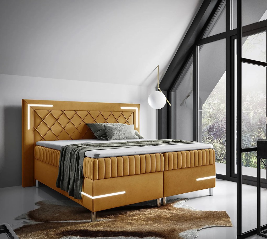 Musztardowe pikowane łóżko z LED 5 rozmiarów S4-Z72