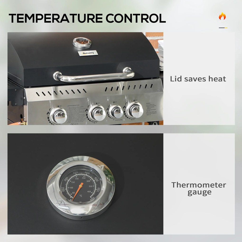 Outsunny Grill Gazowy, BBQ-Grill, 4 Główne Palniki, 1 Boczny Palnik, 1 Płyta Grzewcza; 123 x 52 x 101cm, Czarny