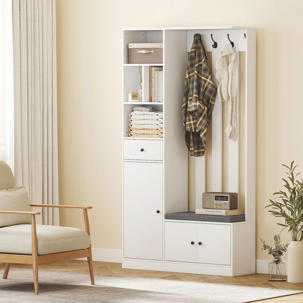 HOMCOM Szafa garderobiana 180 cm z wieszakiem, ławką na buty, 4 haczykami, otwartymi półkami, MDF, Biały