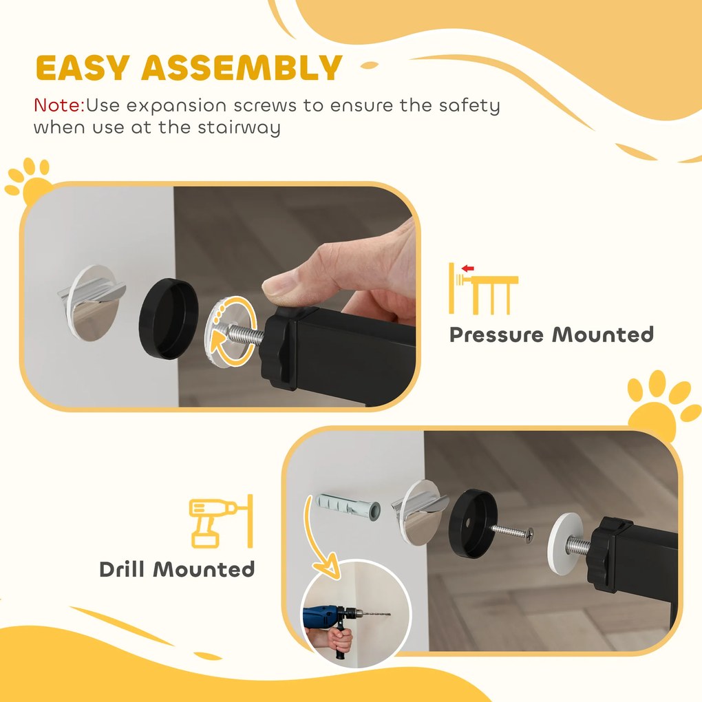 PawHut Bramka zabezpieczająca dla psów, Bramka ograniczająca, Ochronna dla zwierząt domowych, Metal, Plastik, 74-80/87-94 cm, Czarna