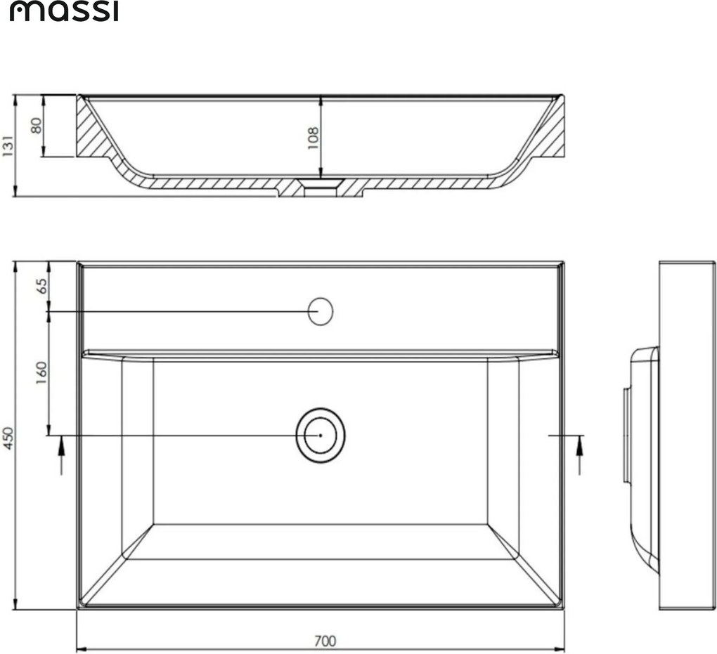 Umywalka z konglomeratu blatowa prostokątna biała NAVI | Różne rozmiary | Z otworem na baterię lub bez : Otwory na baterię - Jeden otwór, Rozmiar - 70 x 45 cm