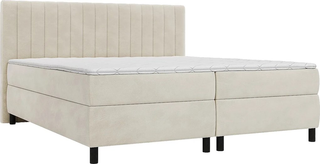 Kompletny zestaw boxspring z zagłówkiem z pionowymi szwami + stelaż + materac + materac nawierzchniowy - 2 x 90 x 200 cm - Welur - Beż - DONISI od PALACIO