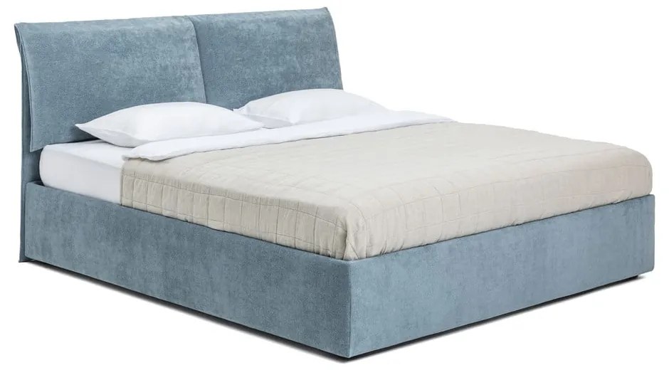 Niebieskie tapicerowane łóżko dwuosobowe ze schowkiem z materacem i stelażem 160x200 cm Thessa Pillow – Bonami Selection
