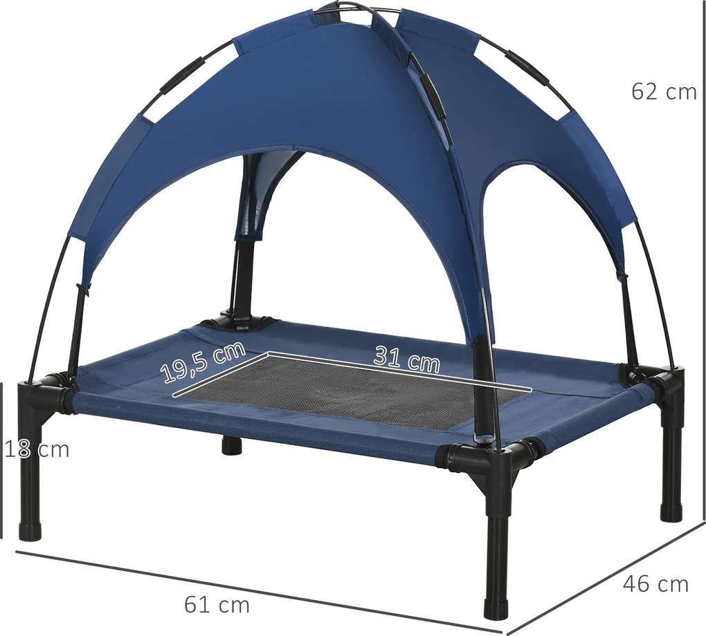 PawHut Łóżko dla zwierząt domowych na zewnątrz - łóżko dla psa, odporne na warunki atmosferyczne, z daszkiem, 61cm x 46 cm x 62 cm, Granatowy + Czarny