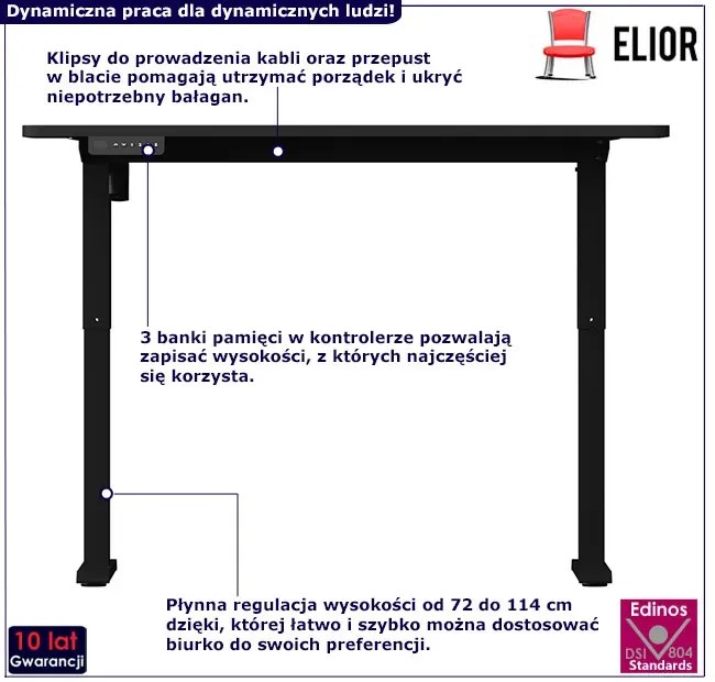 Elektryczne czarne biurko regulowane do pracy na stojąco 140 cm - Gileko 3X