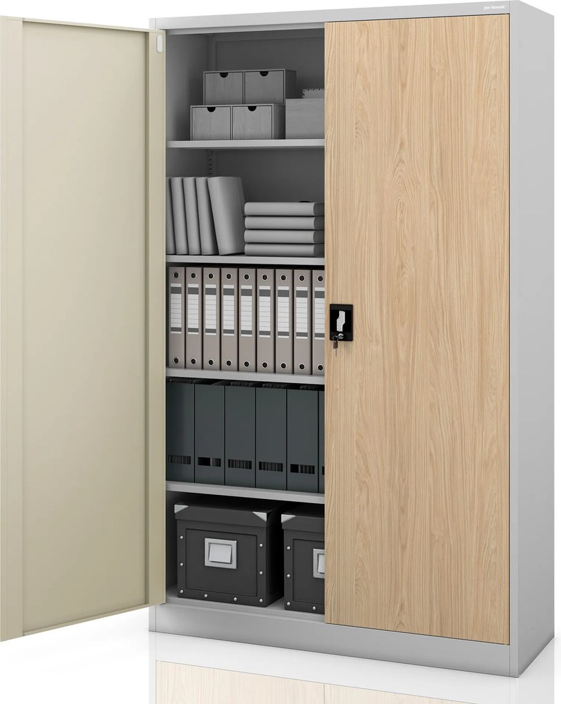 Szafa biurowa metalowa na akta, szeroka, szara/dąb sonoma, 1150x1850x400 mm: JAN II Eco Design