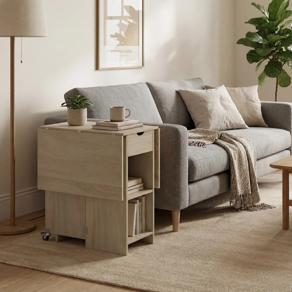 HOMCOM Rozkładany stół jadalniany dla 2–4 osób, stół na kółkach z otwartą półką i szufladą, idealny do małych przestrzeni, naturalny | Aosom PL