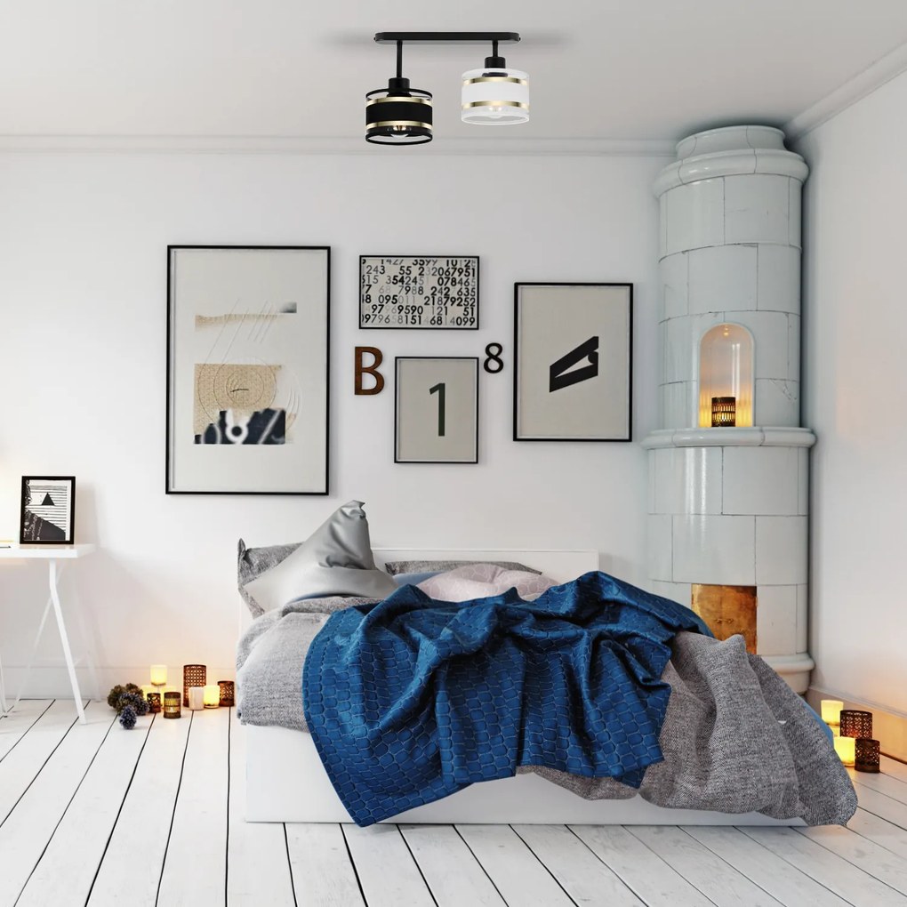 Lampa sufitowa czarna dwupunktowy spot z czarno-białymi abażurami T-33