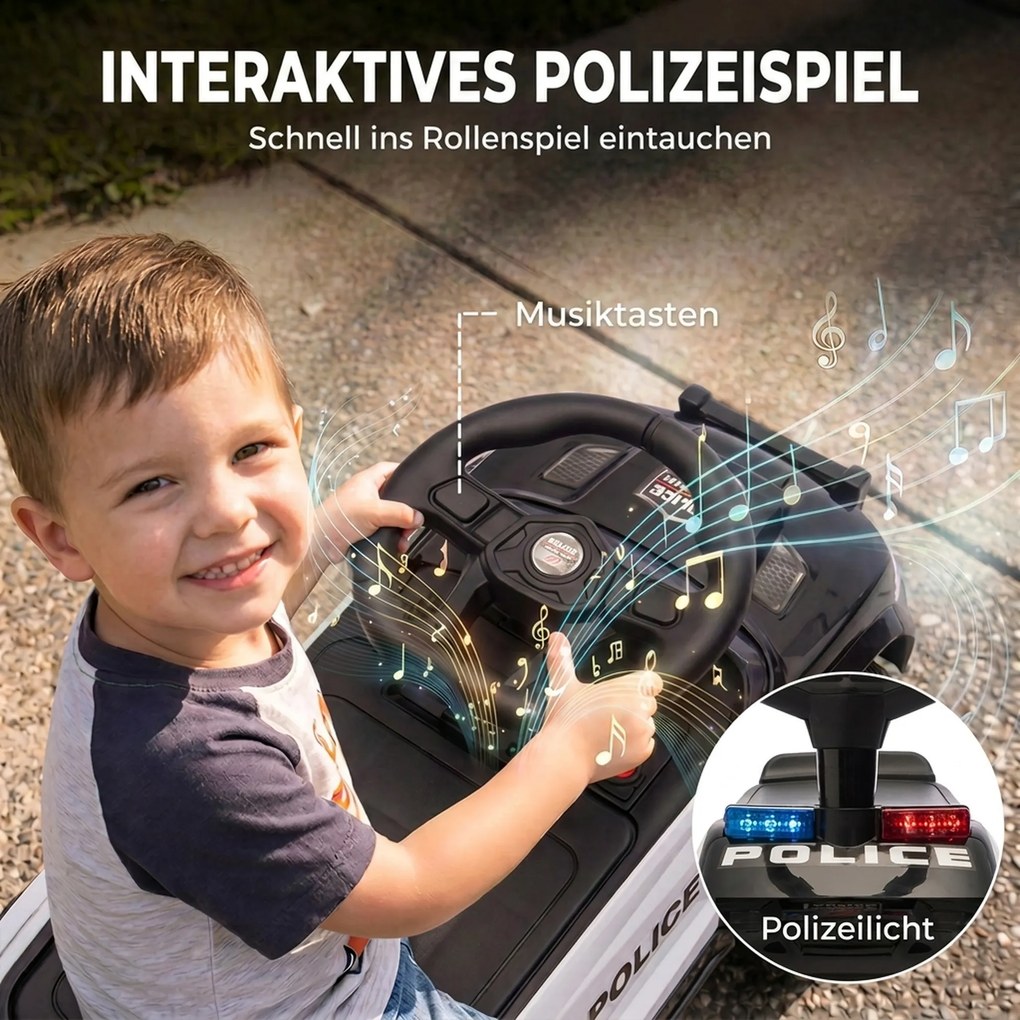 AIYAPLAY Jeździk dziecięcy policyjny z muzyką i światłem, zabezpieczenie antywywrotne i schowek pod siedzeniem 18–36 miesięcy czarny | Aosom PL