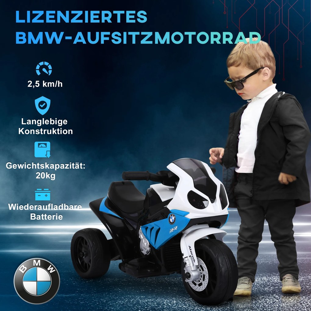 HOMCOM Elektryczny motocykl dla dzieci BMW S1000RR 6V z reflektorem i muzyką 2,5 km/h dla dzieci 18–36 miesięcy Niebieski | Aosom PL