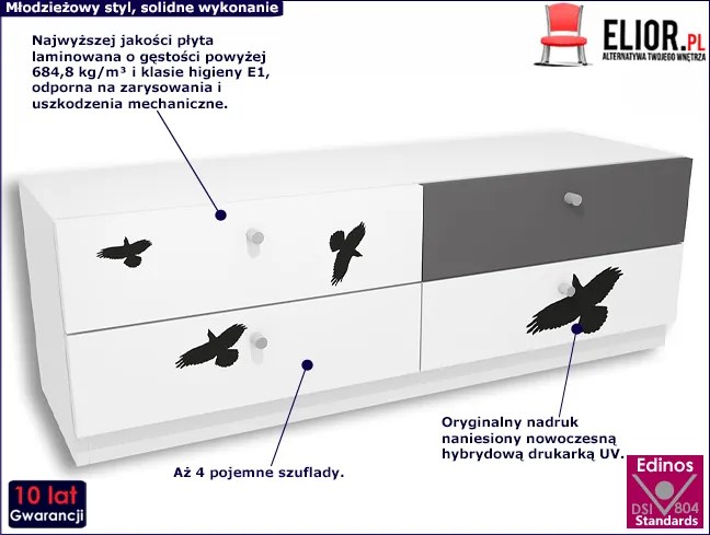 Biało-grafitowa komoda dziecięca z grafiką Timi 8X - 5 kolorów