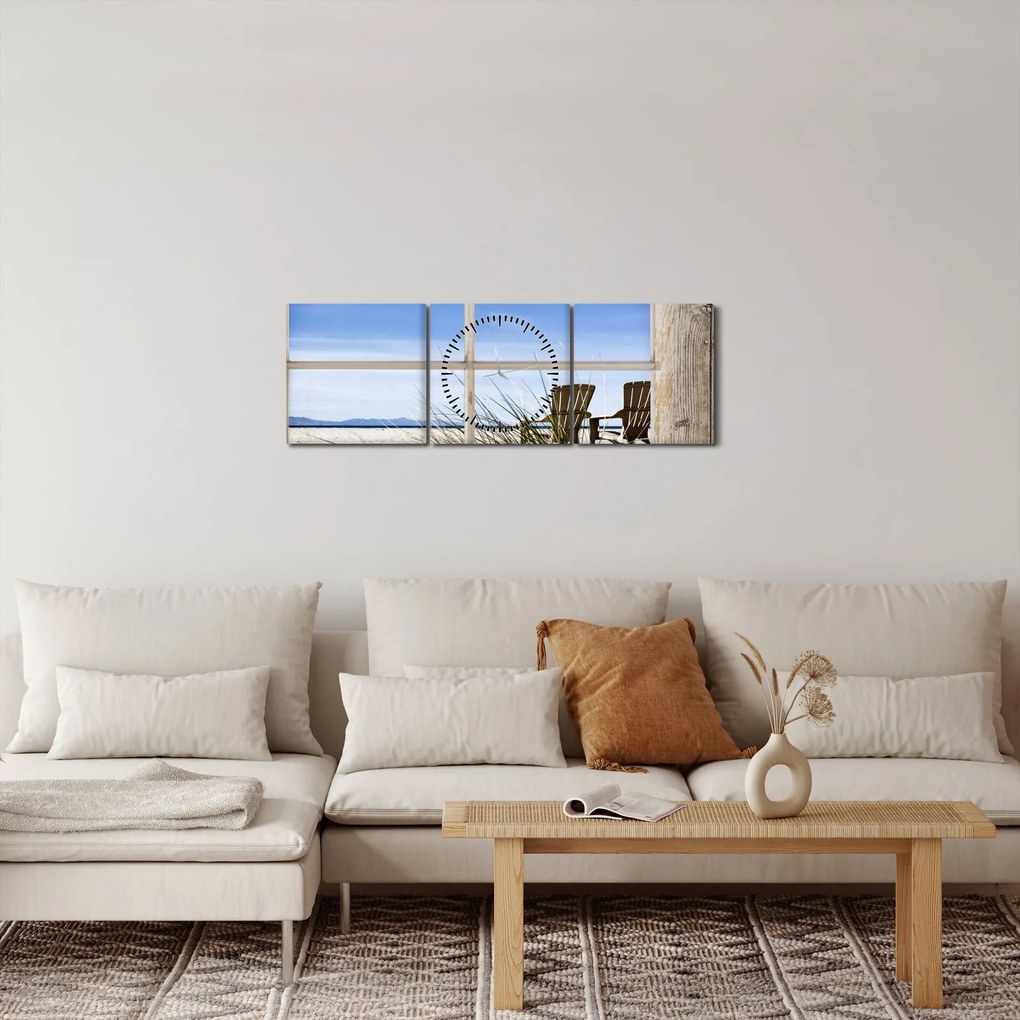 Obraz - Okno z widokiem na plażę (z zegarem) (90x30 cm)