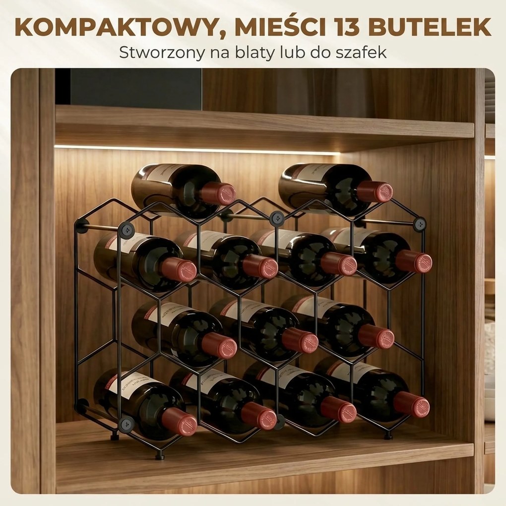 HOMCOM Stojak na wino na 13 butelek z designem plastra miodu, regulowanymi nóżkami, zabezpieczeniem przed przewróceniem, metalowy, 43 x 15,5 x 31 cm, czarny | Aosom PL