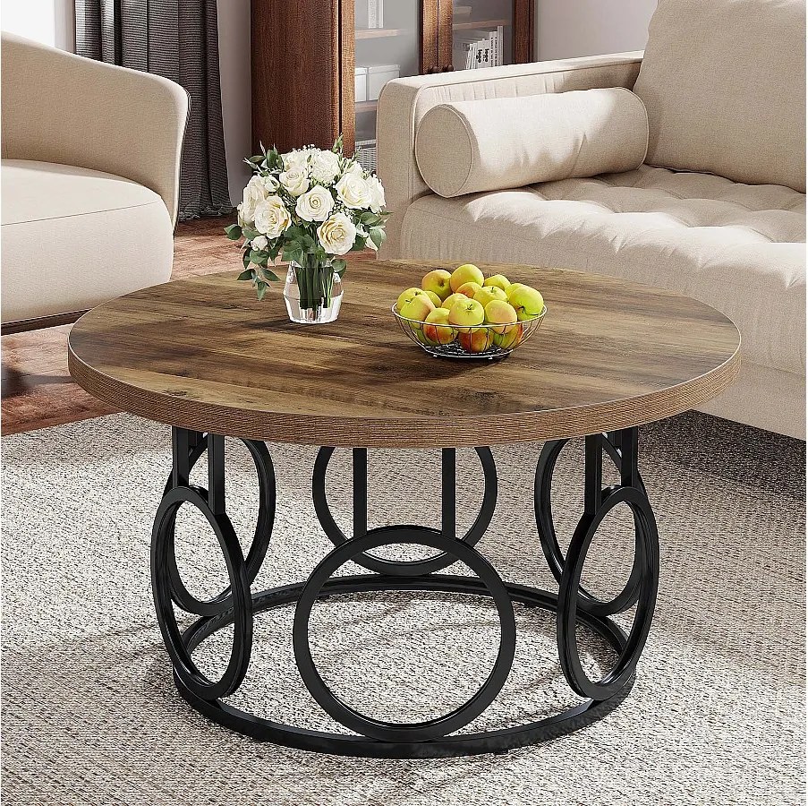 Okrągły stolik kawowy 80 cm, rustykalny okrągły stolik kawowy z metalową podstawą, industrialny mebel akcentowy