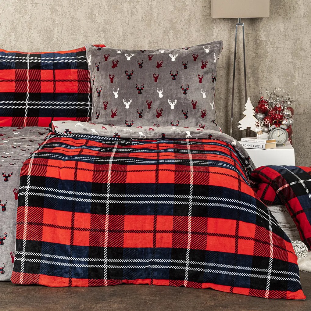 4Home Pościel mikroflanela Krata czerwony, 140 x 200 cm, 70 x 90 cm
