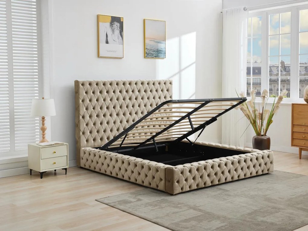 Łóżko ze skrzynią chesterfield 160 x 200 cm - Welur - Taupe - DULENI