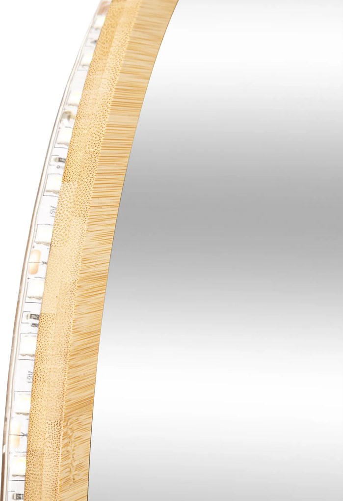 Lustro łazienkowe z oświetleniem LED, bambusowa rama, Ø 57 cm