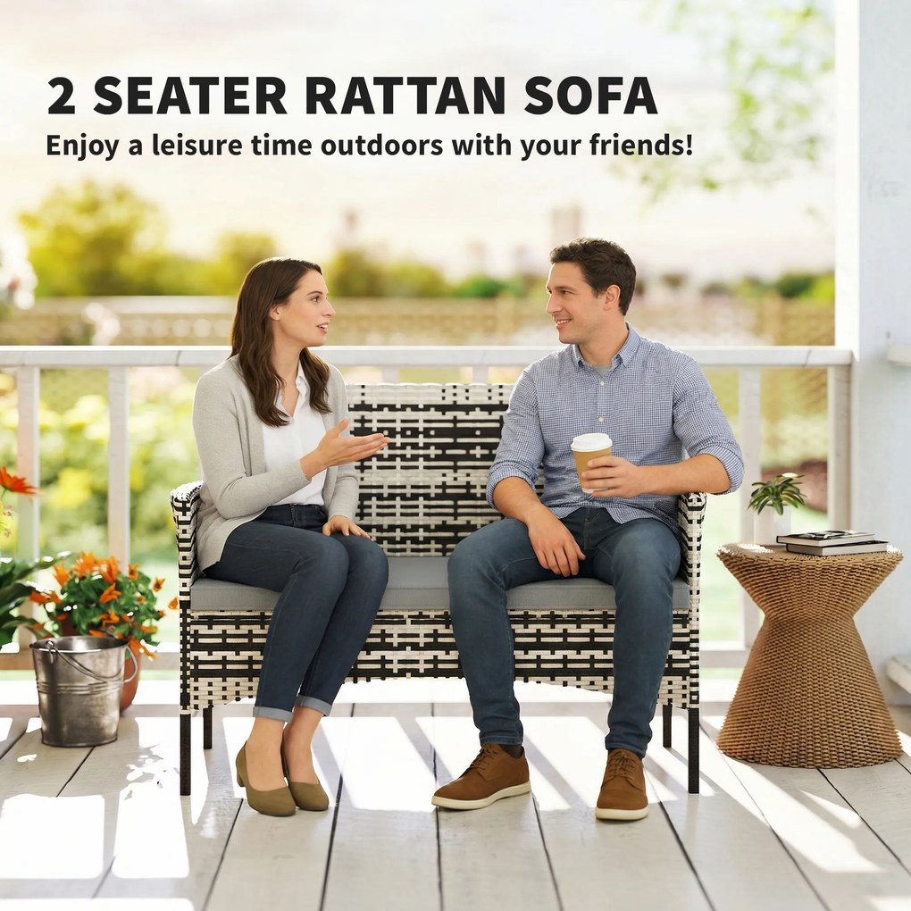 Outsunny 2-osobowa sofa rattanowa na taras z poduszką, antypoślizgowe maty, stalowa rama, jasnoszara | Aosom PL