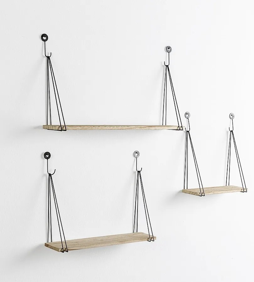 Zestaw trzech półek ściennych Airas z czarnego metalu i drewna paulownia.