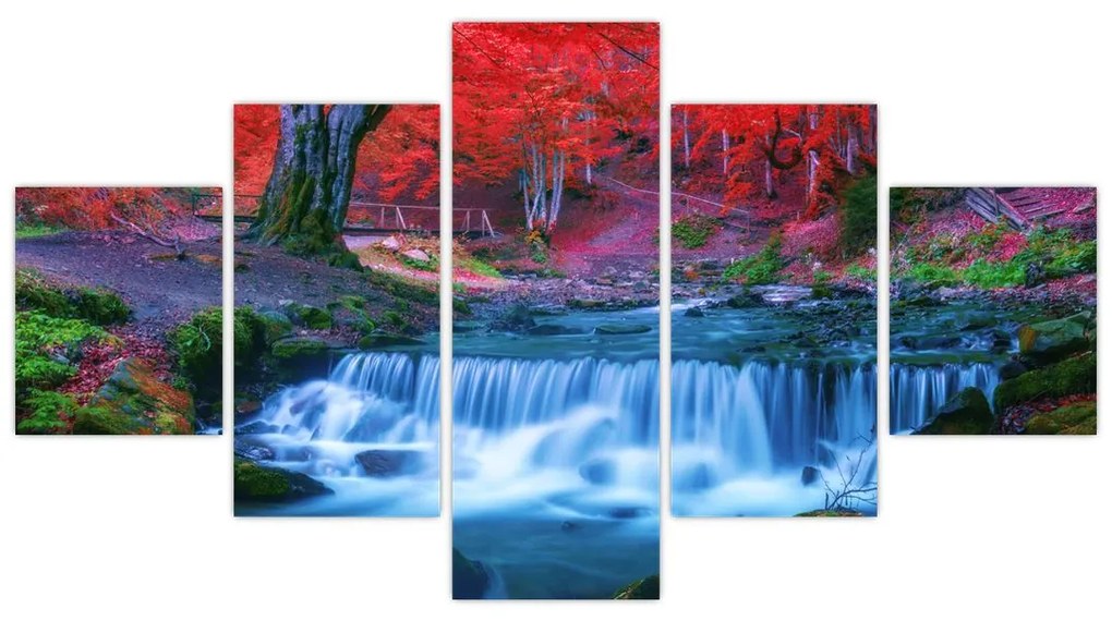 Obraz wodospadu w czerwonym lesie (125x70 cm)