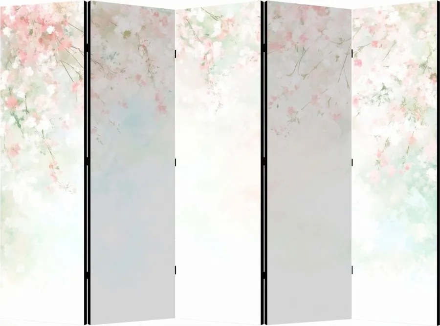 Parawan pokojowy 5-częściowy 225x172 Dwustronny dekoracyjny japandi romantyczny Biały Deszcz Kwitnącej Wiśni