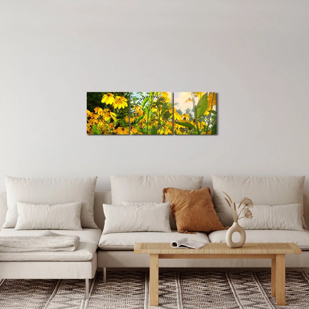 Obraz żółtych kwiatów (z zegarem) (90x30 cm)