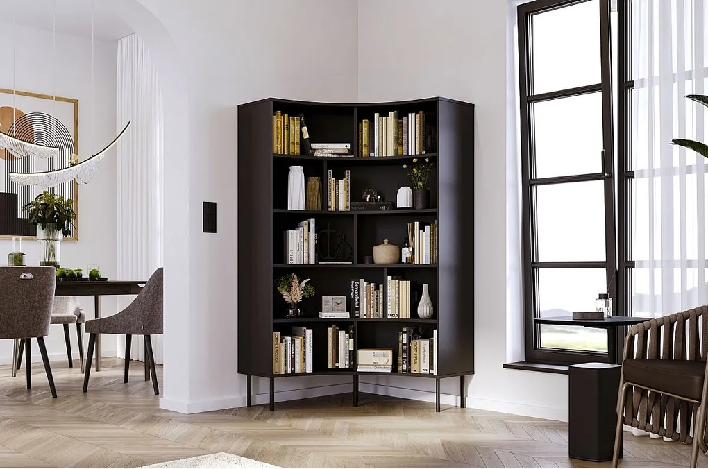 Narożny regał Skandica HORN z czarnymi nogami / czarny