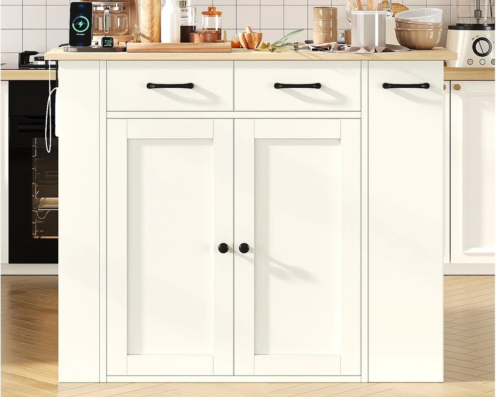 Wyspa kuchenna - stół jadalniany składany - z gniazdkiem elektrycznym i dwoma krzesłami - z 4 szufladami i 2 drzwiami - biały