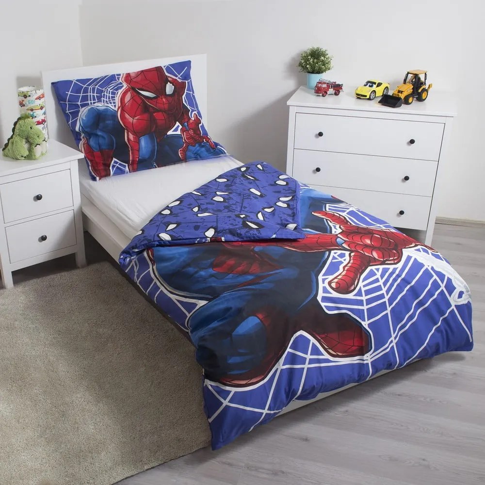 Czerwono-niebieska bawełniana fluorescencyjna pościel dziecięca jednoosobowa 140x200 cm Spider-man – Jerry Fabrics