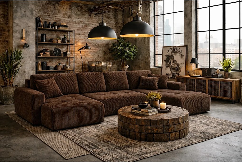 Narożnik w kształcie U z funkcją spania i pojemnikiem Ivo U, tkanina sztruksowa Poso, Brązowy