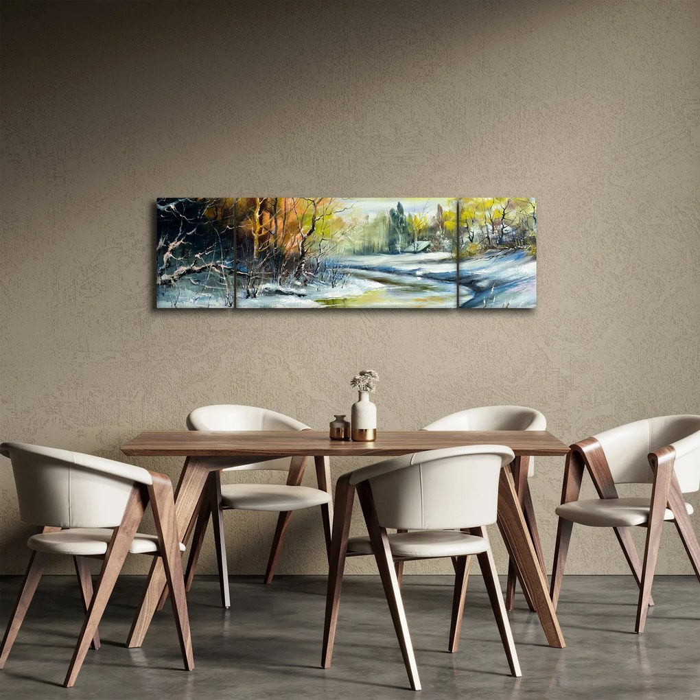 Obraz zimowej rzeki, obraz olejny (170x50 cm)